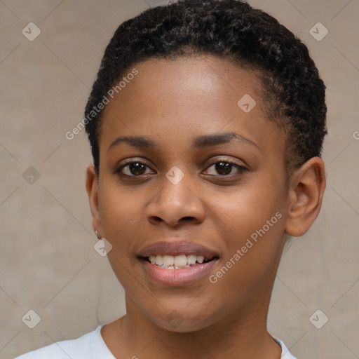 Joyful black young-adult female with short  brown hair and brown eyes