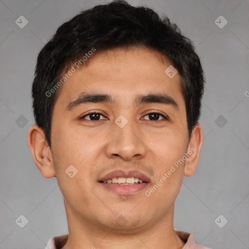 Joyful latino young-adult male with short  brown hair and brown eyes