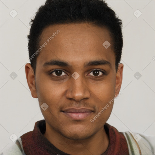 Joyful black young-adult male with short  black hair and brown eyes
