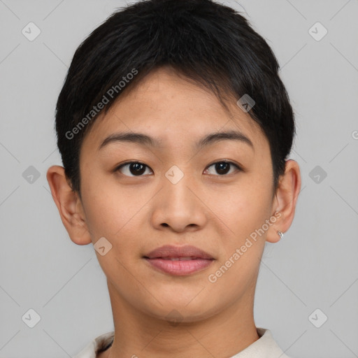 Joyful asian young-adult female with short  brown hair and brown eyes