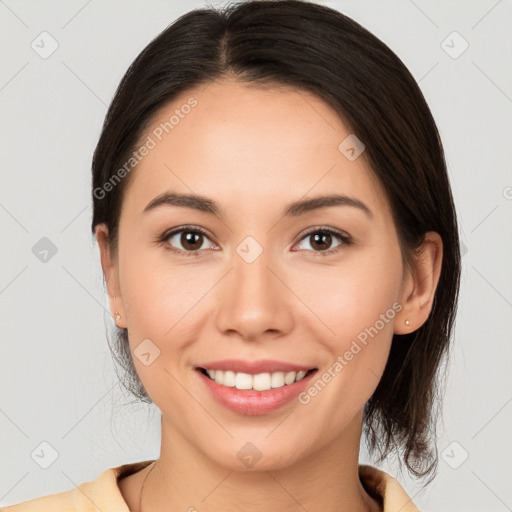 Joyful white young-adult female with medium  brown hair and brown eyes