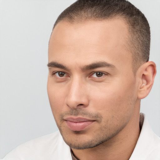 Neutral white young-adult male with short  brown hair and brown eyes