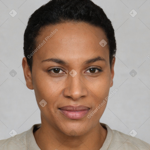 Joyful black young-adult female with short  black hair and brown eyes