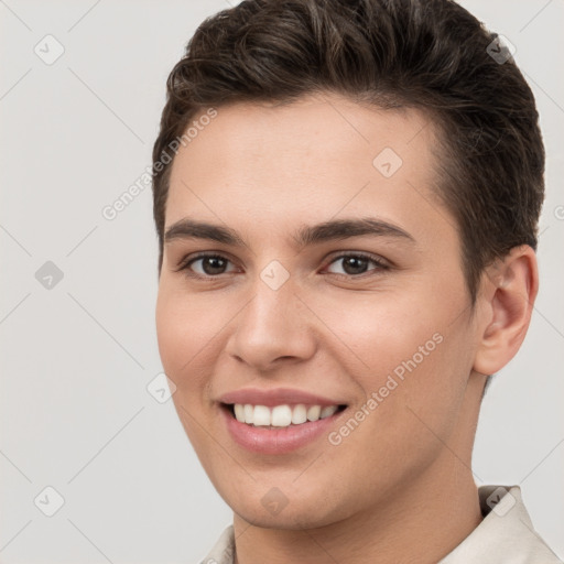 Joyful white young-adult female with short  brown hair and brown eyes