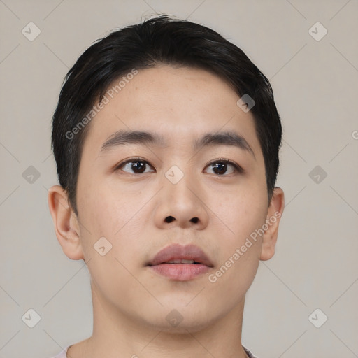 Neutral asian young-adult male with short  black hair and brown eyes