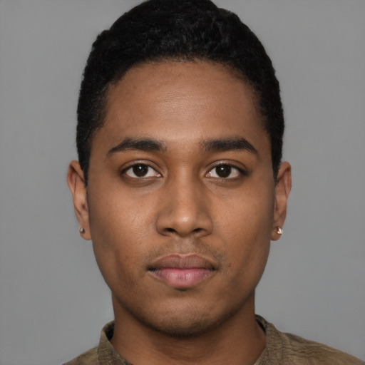 Neutral black young-adult male with short  black hair and brown eyes