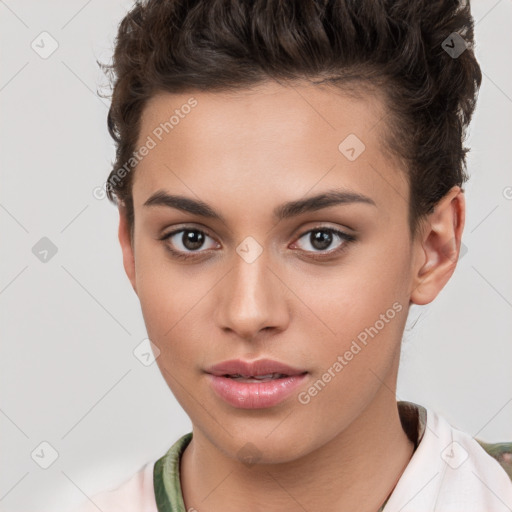 Neutral white young-adult female with short  brown hair and brown eyes