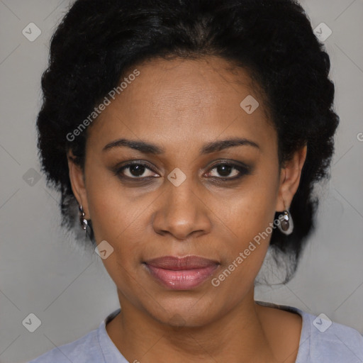 Joyful latino adult female with short  black hair and brown eyes