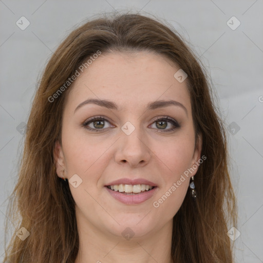 Joyful white young-adult female with long  brown hair and green eyes