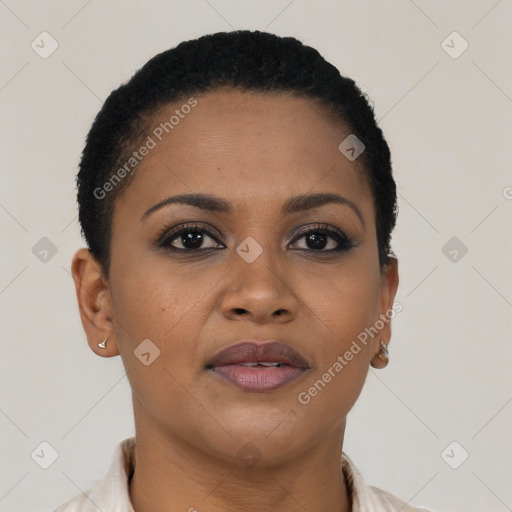 Joyful black young-adult female with short  brown hair and brown eyes