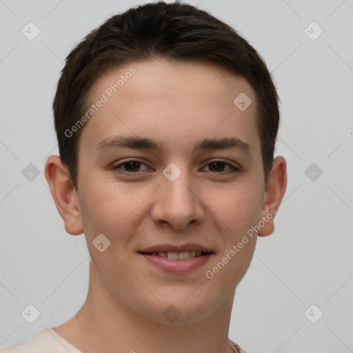 Joyful white young-adult female with short  brown hair and brown eyes