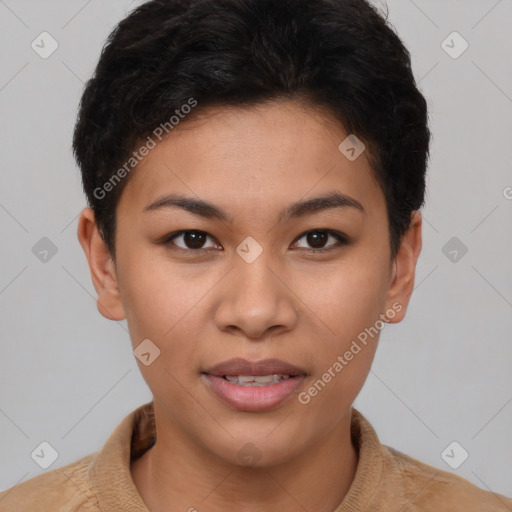 Joyful asian young-adult female with short  brown hair and brown eyes