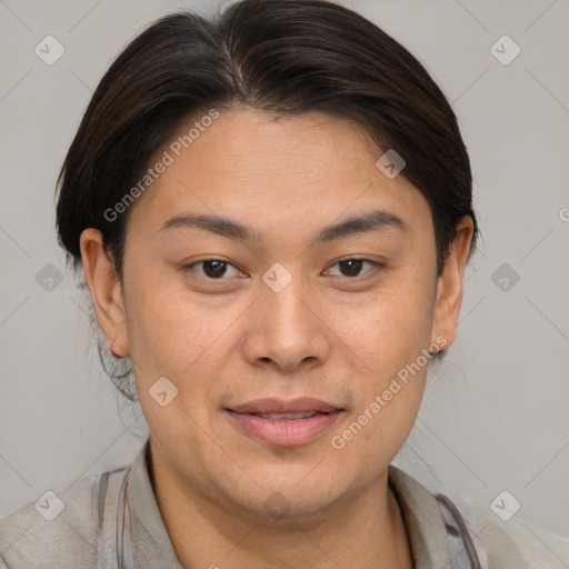 Joyful white adult female with medium  brown hair and brown eyes