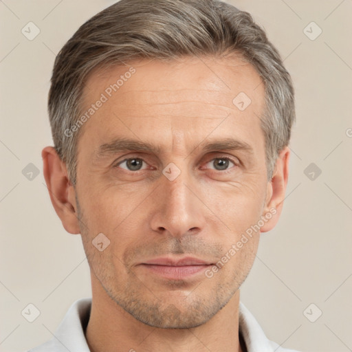 Neutral white adult male with short  brown hair and brown eyes