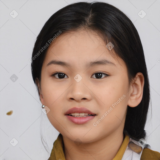 Joyful asian young-adult female with medium  black hair and brown eyes