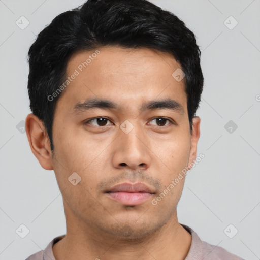 Neutral asian young-adult male with short  black hair and brown eyes