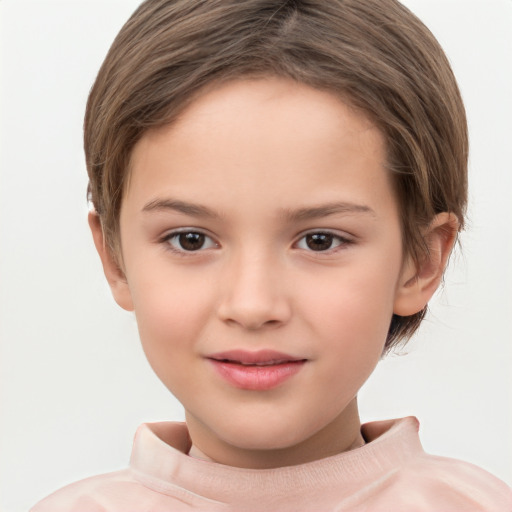 Joyful white child female with short  brown hair and brown eyes