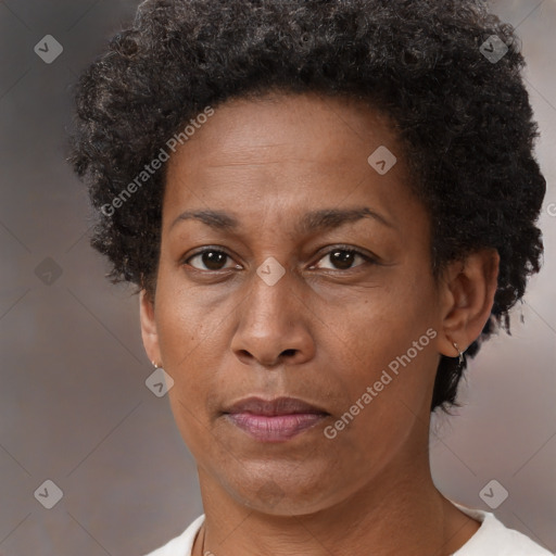 Neutral black adult female with short  brown hair and brown eyes