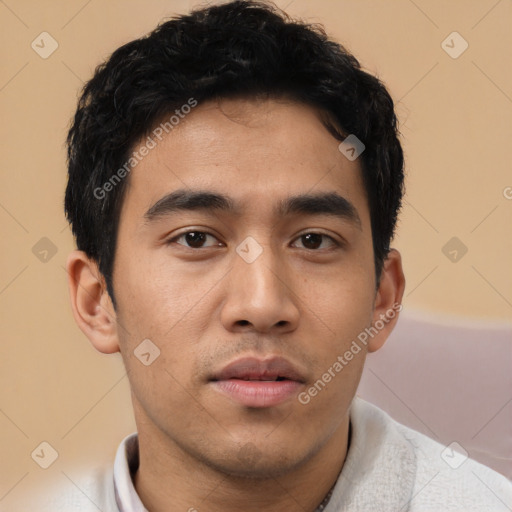 Neutral asian young-adult male with short  black hair and brown eyes