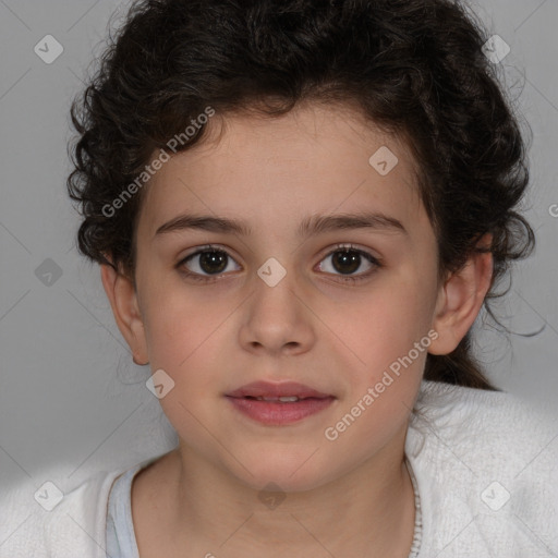 Joyful white child female with medium  brown hair and brown eyes