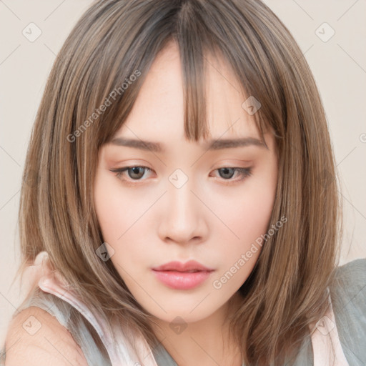 Neutral white young-adult female with medium  brown hair and brown eyes