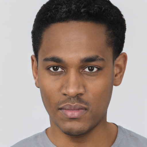 Neutral black young-adult male with short  black hair and brown eyes