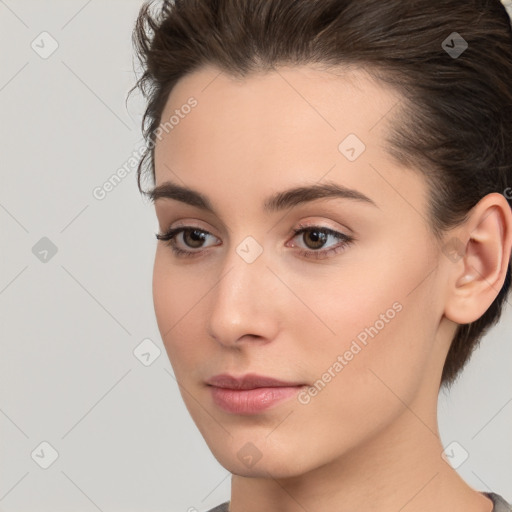 Neutral white young-adult female with medium  brown hair and brown eyes