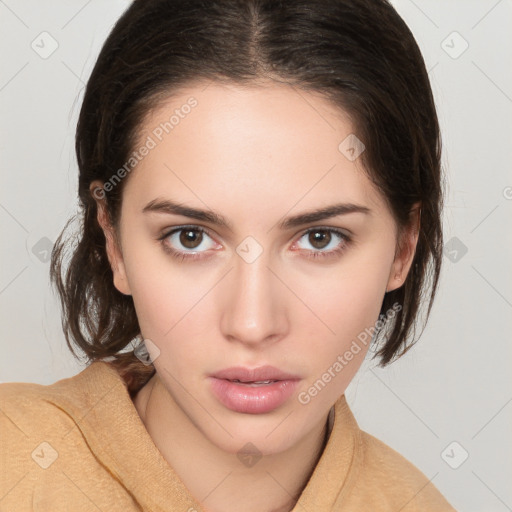 Neutral white young-adult female with medium  brown hair and brown eyes