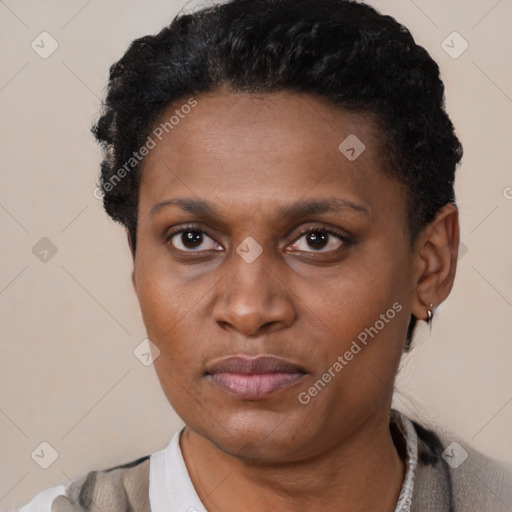 Joyful black young-adult female with short  black hair and brown eyes