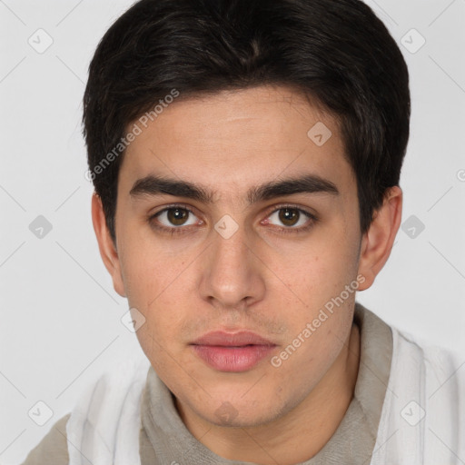 Neutral white young-adult male with short  brown hair and brown eyes