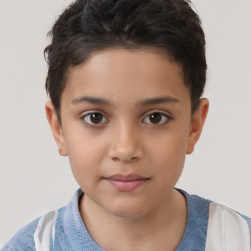 Joyful white child female with short  brown hair and brown eyes