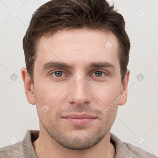 Neutral white young-adult male with short  brown hair and grey eyes