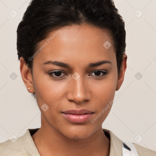 Joyful latino young-adult female with short  brown hair and brown eyes