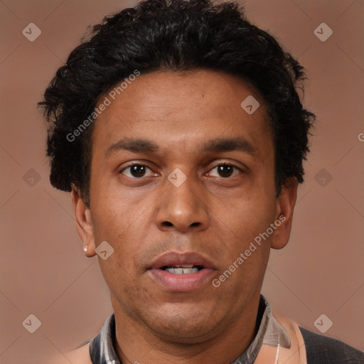 Neutral latino adult male with short  brown hair and brown eyes
