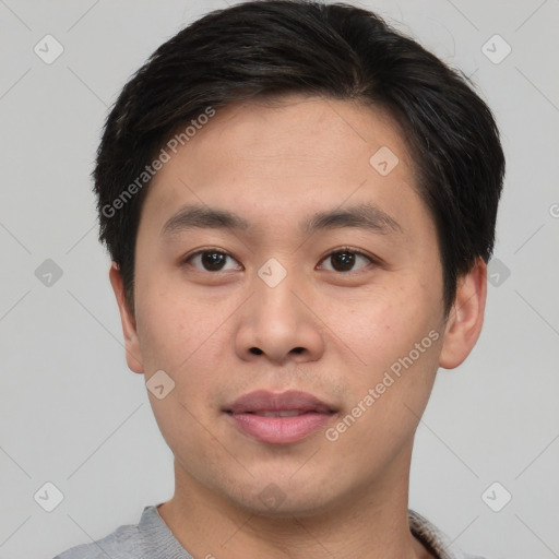 Neutral asian young-adult male with short  brown hair and brown eyes