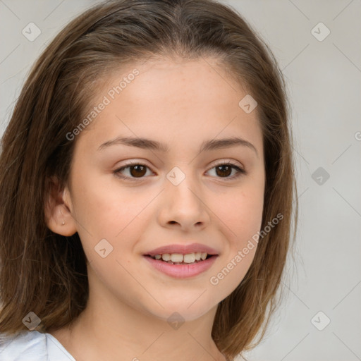 Joyful white child female with medium  brown hair and brown eyes