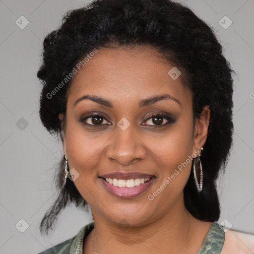 Joyful black young-adult female with medium  black hair and brown eyes