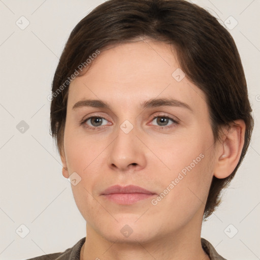 Neutral white young-adult female with short  brown hair and brown eyes