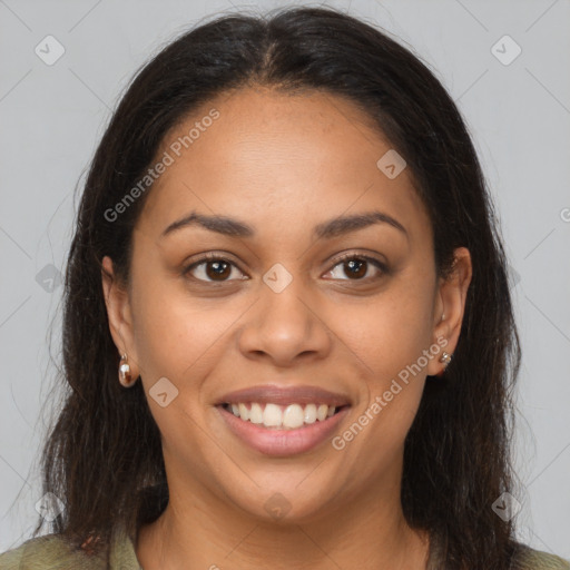 Joyful latino young-adult female with medium  brown hair and brown eyes