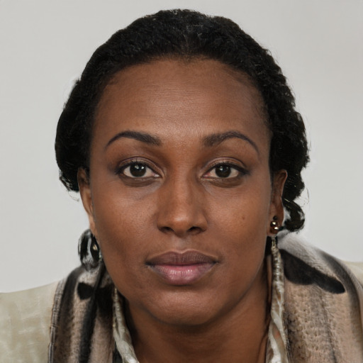 Neutral black young-adult female with long  brown hair and brown eyes