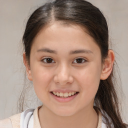 Joyful white child female with medium  brown hair and brown eyes