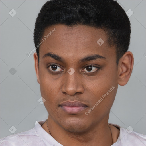 Neutral latino young-adult female with short  black hair and brown eyes