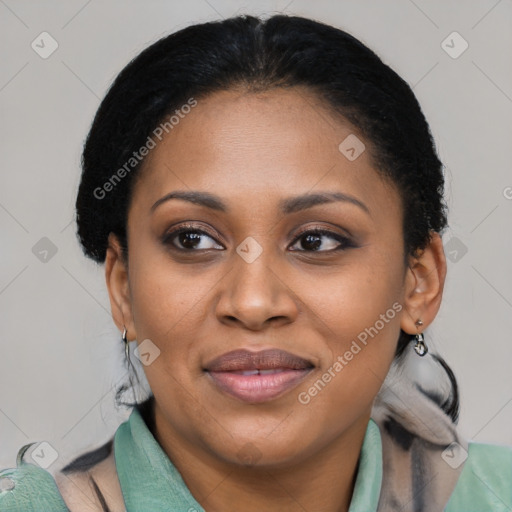 Joyful latino young-adult female with short  brown hair and brown eyes