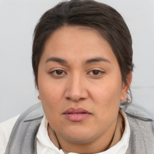 Neutral white young-adult female with short  brown hair and brown eyes