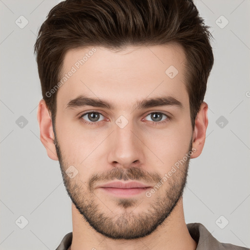 Neutral white young-adult male with short  brown hair and brown eyes