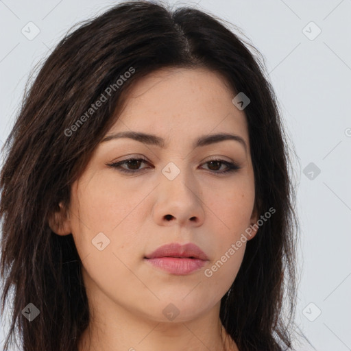 Neutral asian young-adult female with long  brown hair and brown eyes