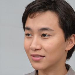 Joyful white young-adult male with medium  brown hair and brown eyes