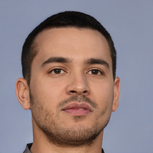 Neutral white young-adult male with short  brown hair and brown eyes