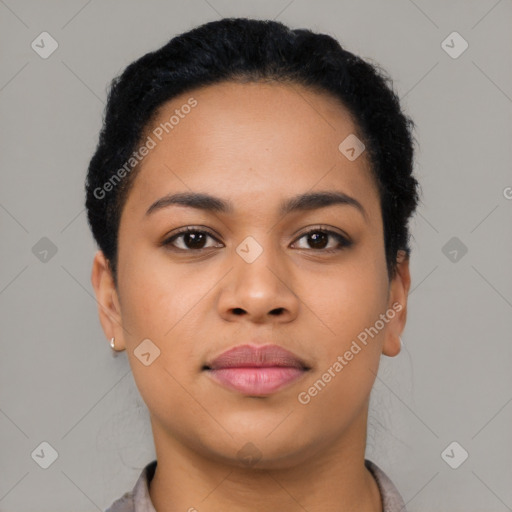 Joyful asian young-adult female with short  black hair and brown eyes