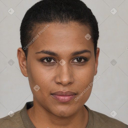 Joyful black young-adult female with short  brown hair and brown eyes